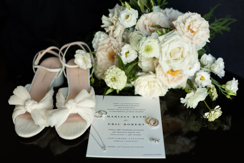 Wedding Invitation Suite and Flowers with Shoes Getting Ready